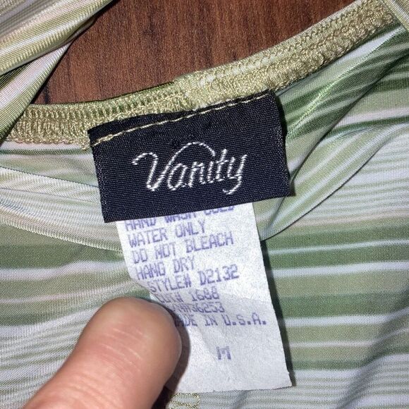 Vtg Vanity Made in USA Sz Medium Large Stretchy Halter Neck Green Striped Dress - Picture 4 of 5